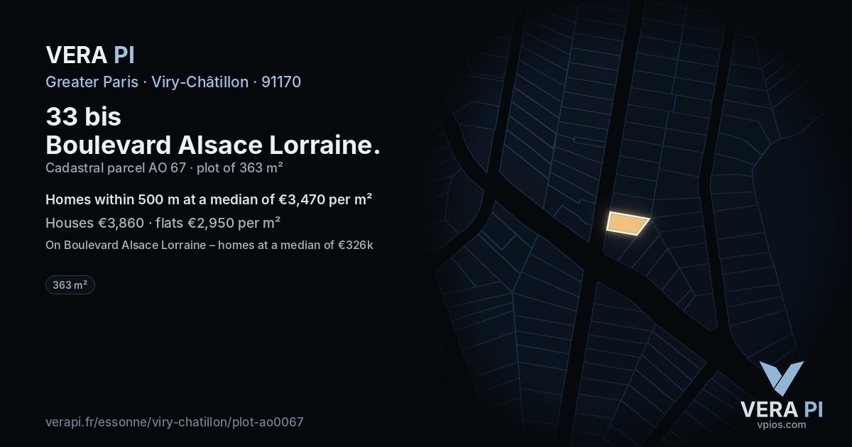 33 bis Boulevard Alsace Lorraine, Viry-Châtillon at night – the plot lit, the parcels around coloured by the prices near them