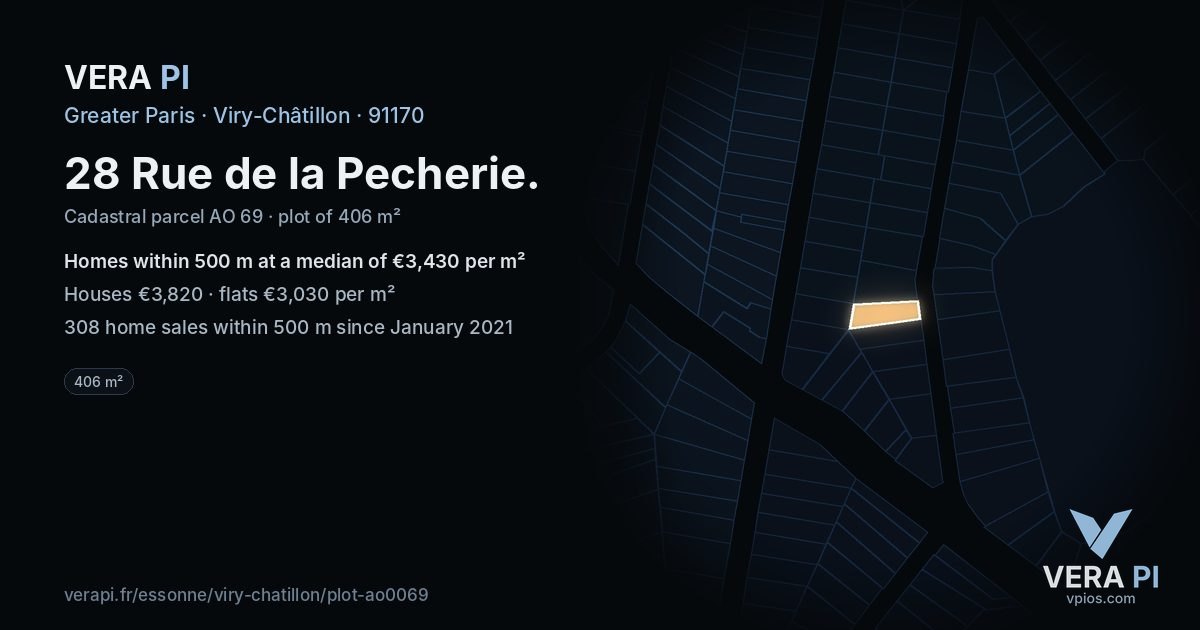 28 Rue de la Pecherie, Viry-Châtillon at night – the plot lit, the parcels around coloured by the prices near them