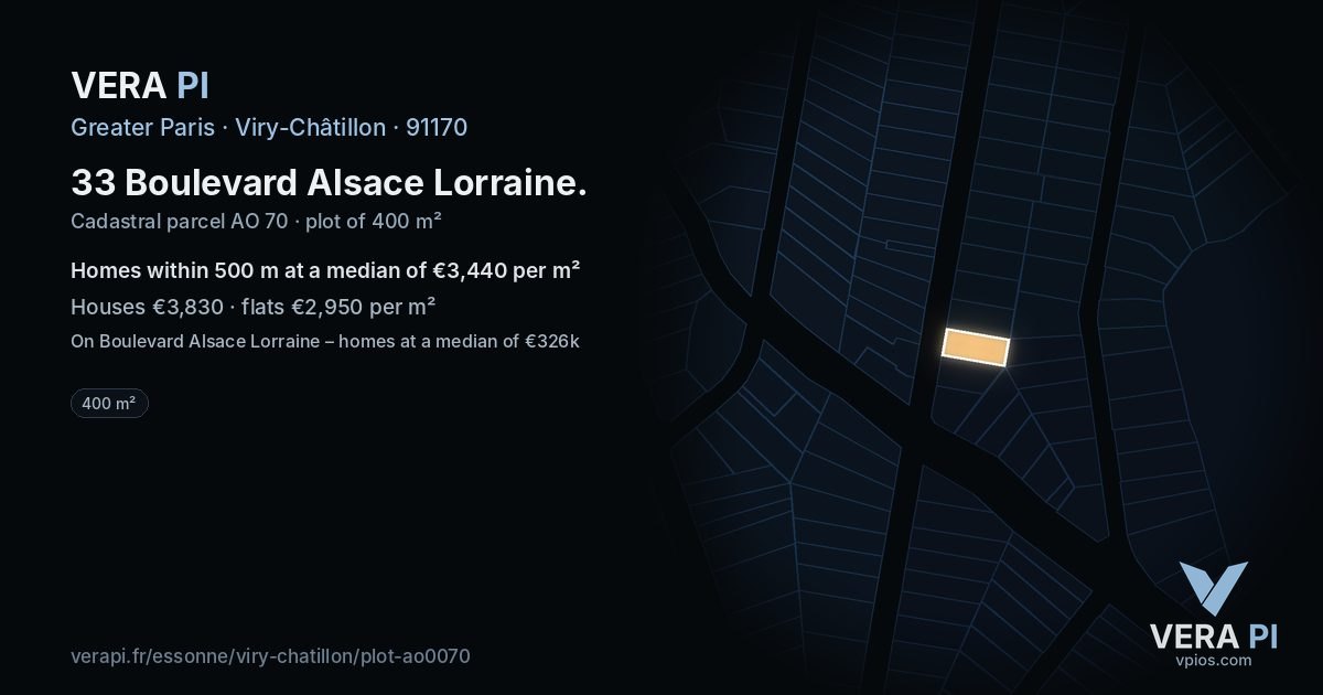 33 Boulevard Alsace Lorraine, Viry-Châtillon at night – the plot lit, the parcels around coloured by the prices near them