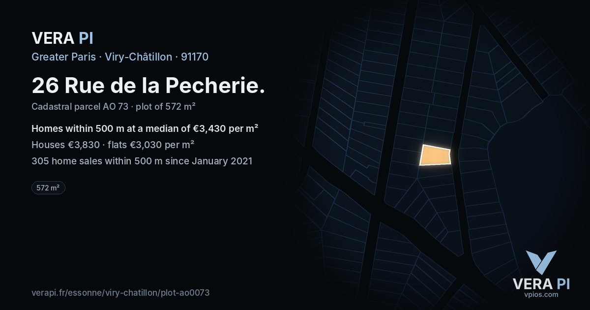 26 Rue de la Pecherie, Viry-Châtillon at night – the plot lit, the parcels around coloured by the prices near them