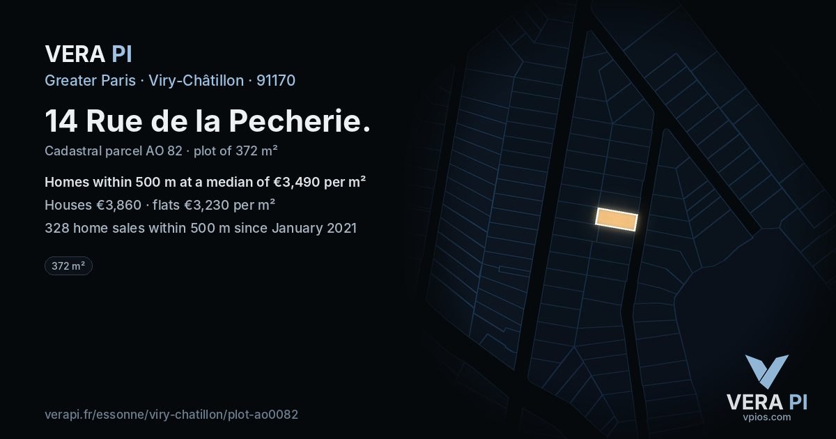 14 Rue de la Pecherie, Viry-Châtillon at night – the plot lit, the parcels around coloured by the prices near them