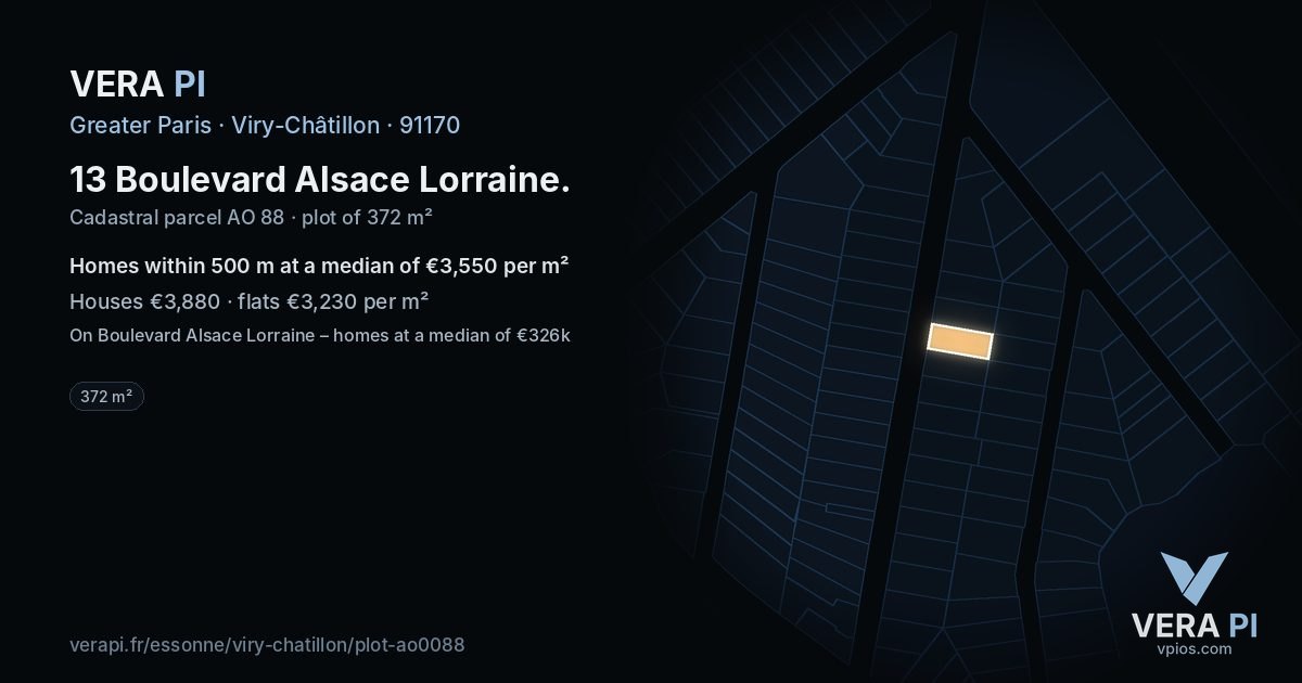 13 Boulevard Alsace Lorraine, Viry-Châtillon at night – the plot lit, the parcels around coloured by the prices near them