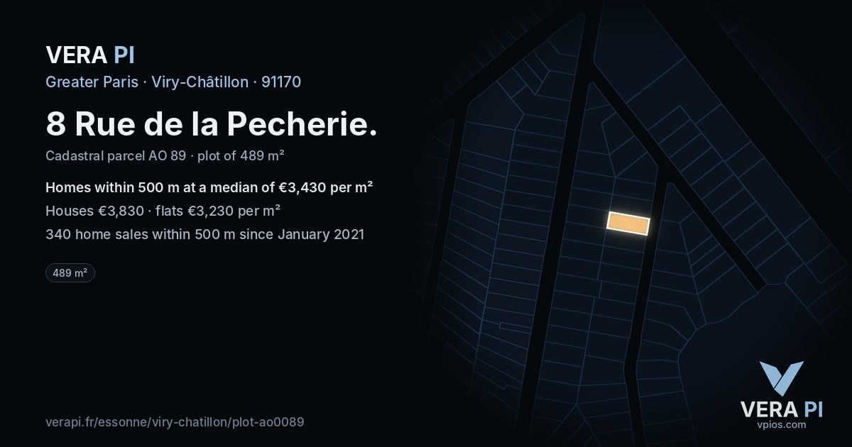 8 Rue de la Pecherie, Viry-Châtillon at night – the plot lit, the parcels around coloured by the prices near them