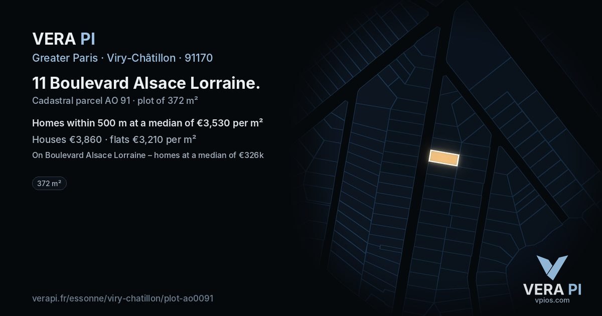 11 Boulevard Alsace Lorraine, Viry-Châtillon at night – the plot lit, the parcels around coloured by the prices near them