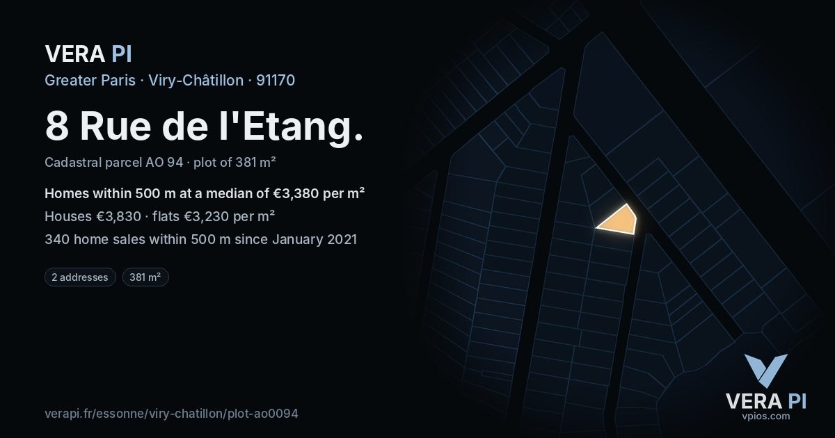 8 Rue de l'Etang, Viry-Châtillon at night – the plot lit, the parcels around coloured by the prices near them