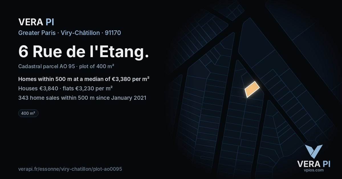 6 Rue de l'Etang, Viry-Châtillon at night – the plot lit, the parcels around coloured by the prices near them