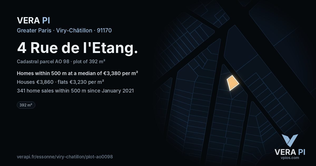 4 Rue de l'Etang, Viry-Châtillon at night – the plot lit, the parcels around coloured by the prices near them