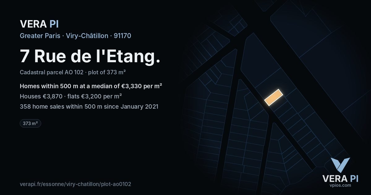 7 Rue de l'Etang, Viry-Châtillon at night – the plot lit, the parcels around coloured by the prices near them