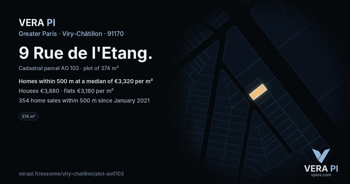 9 Rue de l'Etang, Viry-Châtillon at night – the plot lit, the parcels around coloured by the prices near them