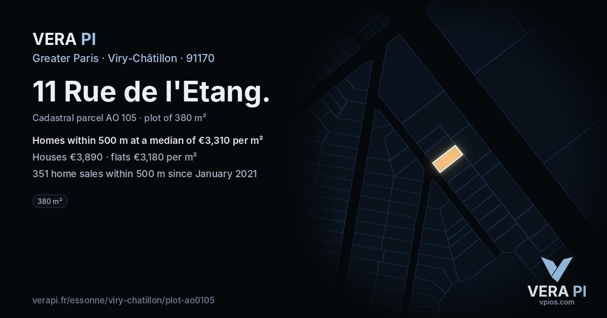 11 Rue de l'Etang, Viry-Châtillon at night – the plot lit, the parcels around coloured by the prices near them