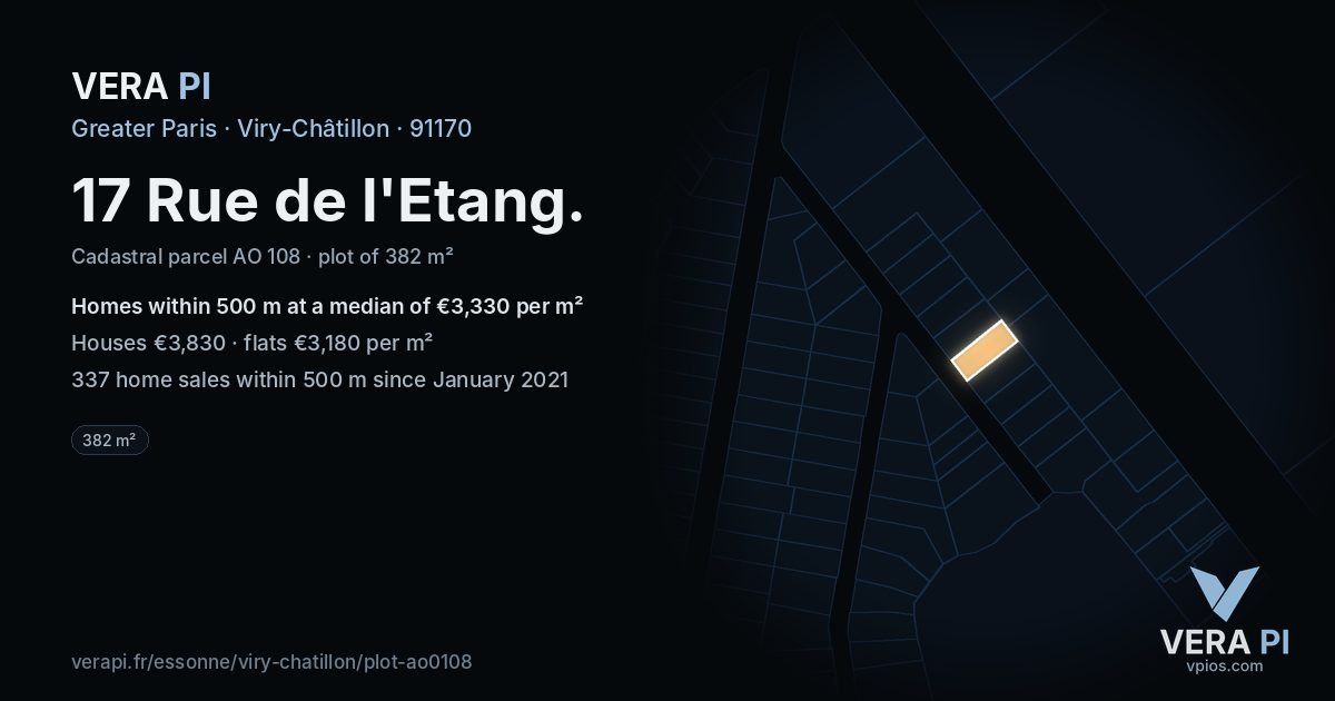 17 Rue de l'Etang, Viry-Châtillon at night – the plot lit, the parcels around coloured by the prices near them