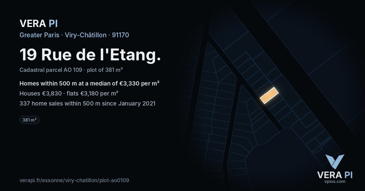 19 Rue de l'Etang, Viry-Châtillon at night – the plot lit, the parcels around coloured by the prices near them