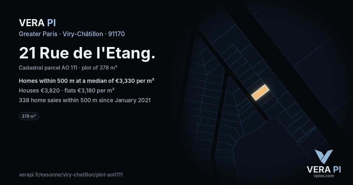 21 Rue de l'Etang, Viry-Châtillon at night – the plot lit, the parcels around coloured by the prices near them