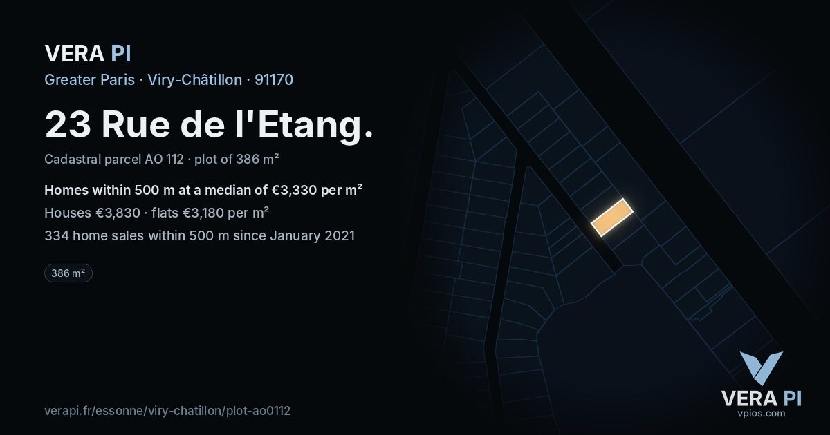 23 Rue de l'Etang, Viry-Châtillon at night – the plot lit, the parcels around coloured by the prices near them