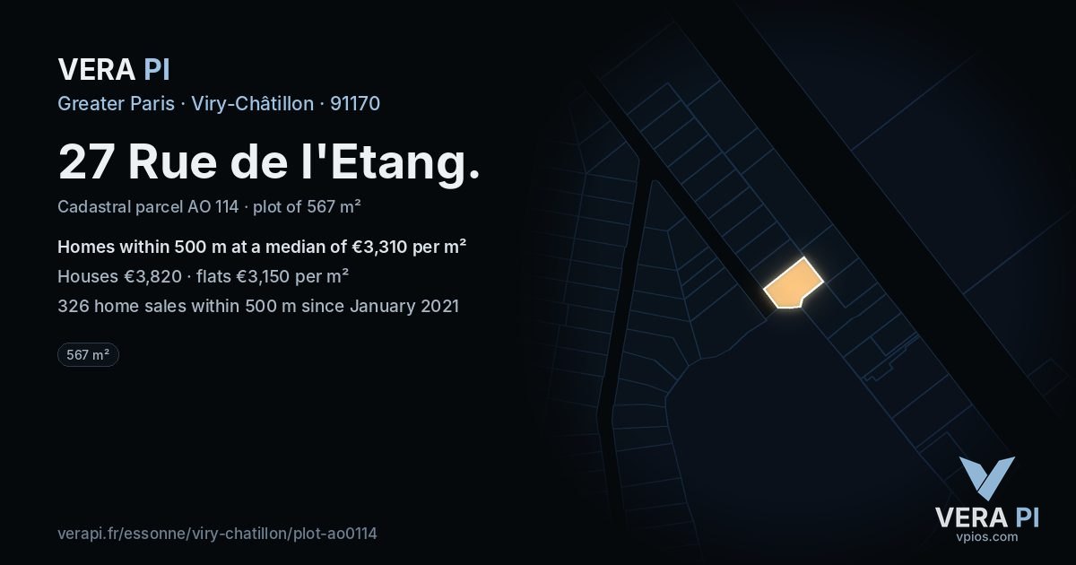 27 Rue de l'Etang, Viry-Châtillon at night – the plot lit, the parcels around coloured by the prices near them