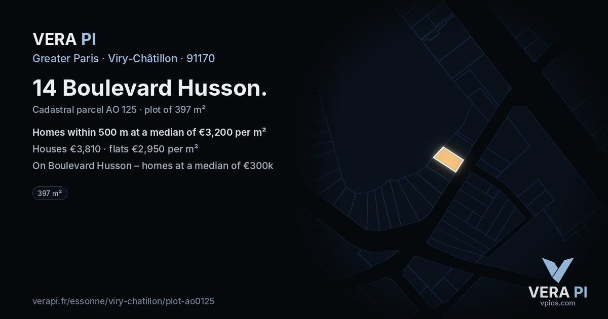 14 Boulevard Husson, Viry-Châtillon at night – the plot lit, the parcels around coloured by the prices near them