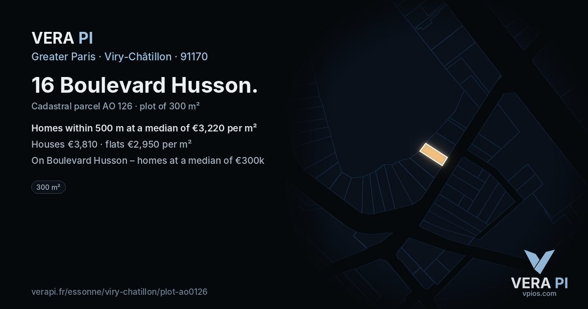 16 Boulevard Husson, Viry-Châtillon at night – the plot lit, the parcels around coloured by the prices near them