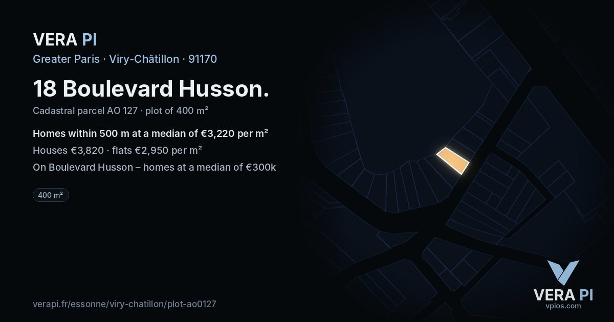 18 Boulevard Husson, Viry-Châtillon at night – the plot lit, the parcels around coloured by the prices near them