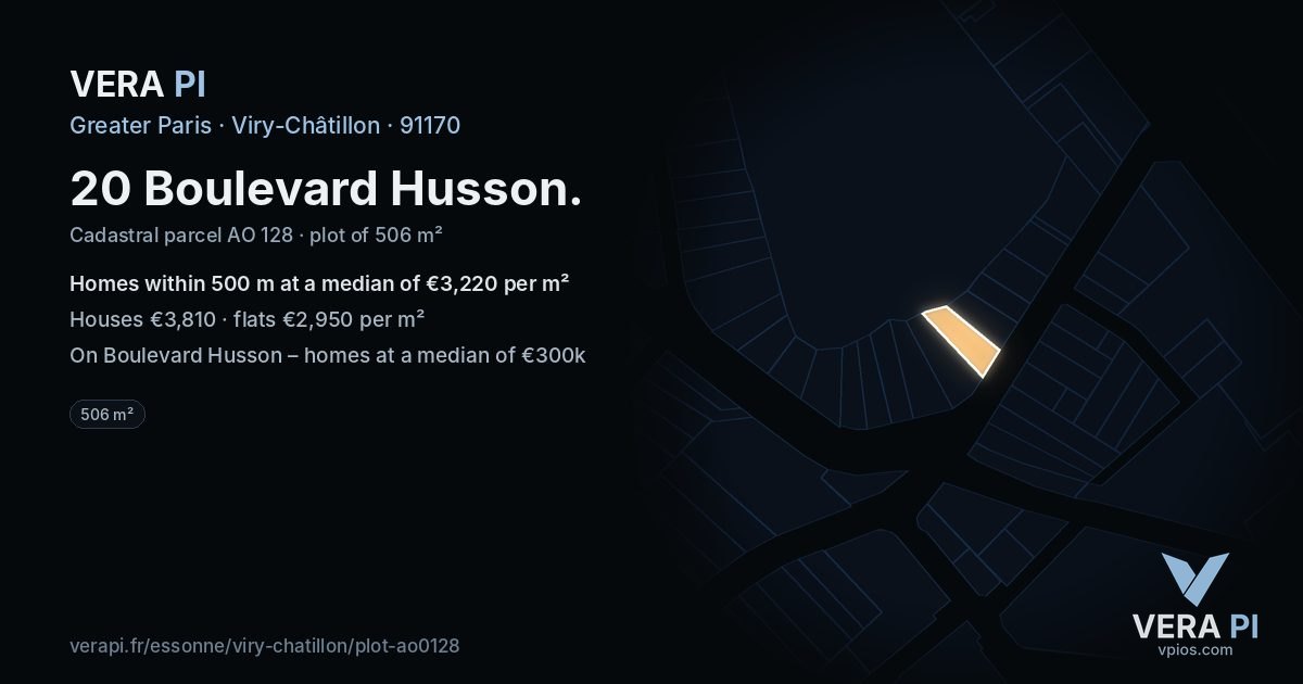 20 Boulevard Husson, Viry-Châtillon at night – the plot lit, the parcels around coloured by the prices near them
