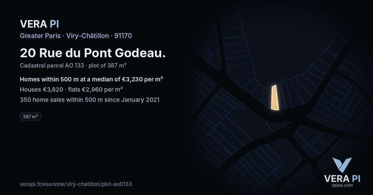 20 Rue du Pont Godeau, Viry-Châtillon at night – the plot lit, the parcels around coloured by the prices near them