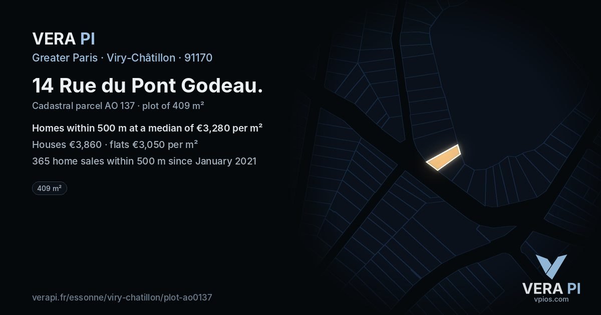 14 Rue du Pont Godeau, Viry-Châtillon at night – the plot lit, the parcels around coloured by the prices near them