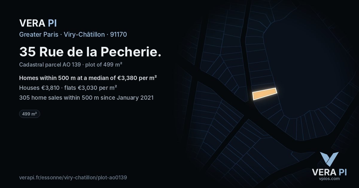 35 Rue de la Pecherie, Viry-Châtillon at night – the plot lit, the parcels around coloured by the prices near them