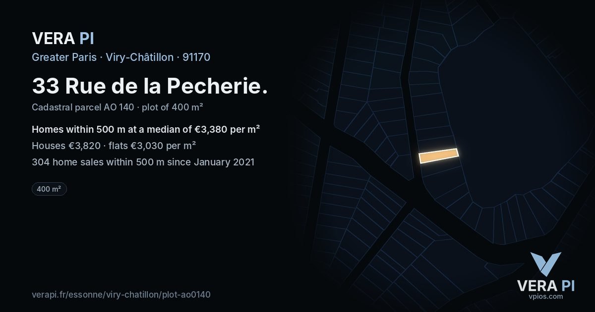 33 Rue de la Pecherie, Viry-Châtillon at night – the plot lit, the parcels around coloured by the prices near them