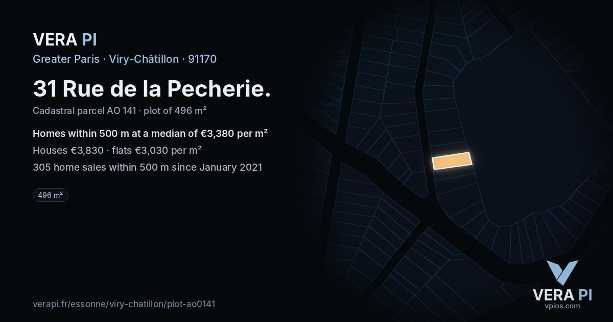31 Rue de la Pecherie, Viry-Châtillon at night – the plot lit, the parcels around coloured by the prices near them