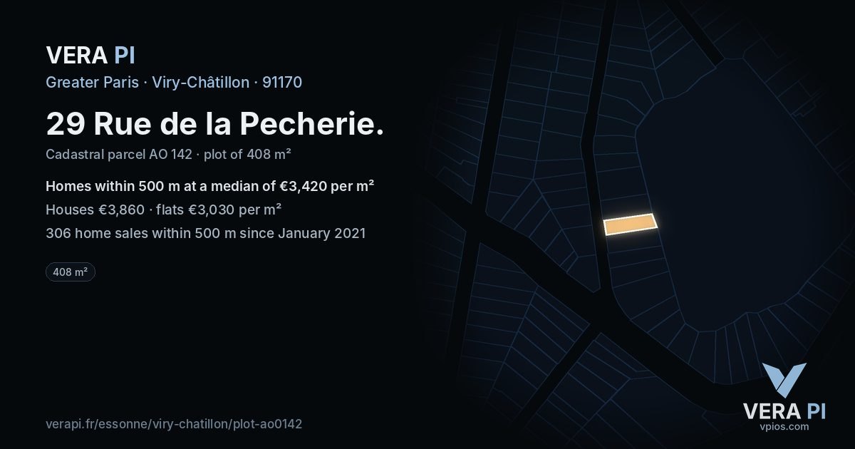 29 Rue de la Pecherie, Viry-Châtillon at night – the plot lit, the parcels around coloured by the prices near them
