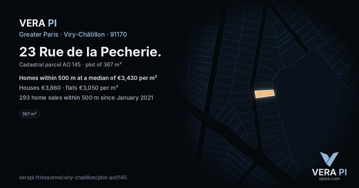 23 Rue de la Pecherie, Viry-Châtillon at night – the plot lit, the parcels around coloured by the prices near them
