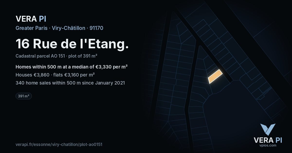 16 Rue de l'Etang, Viry-Châtillon at night – the plot lit, the parcels around coloured by the prices near them