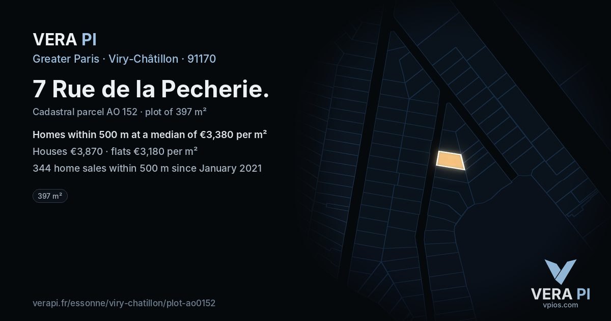 7 Rue de la Pecherie, Viry-Châtillon at night – the plot lit, the parcels around coloured by the prices near them