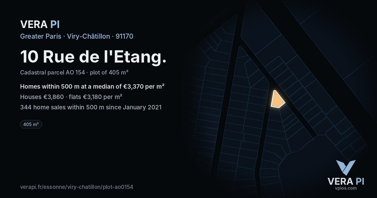 10 Rue de l'Etang, Viry-Châtillon at night – the plot lit, the parcels around coloured by the prices near them