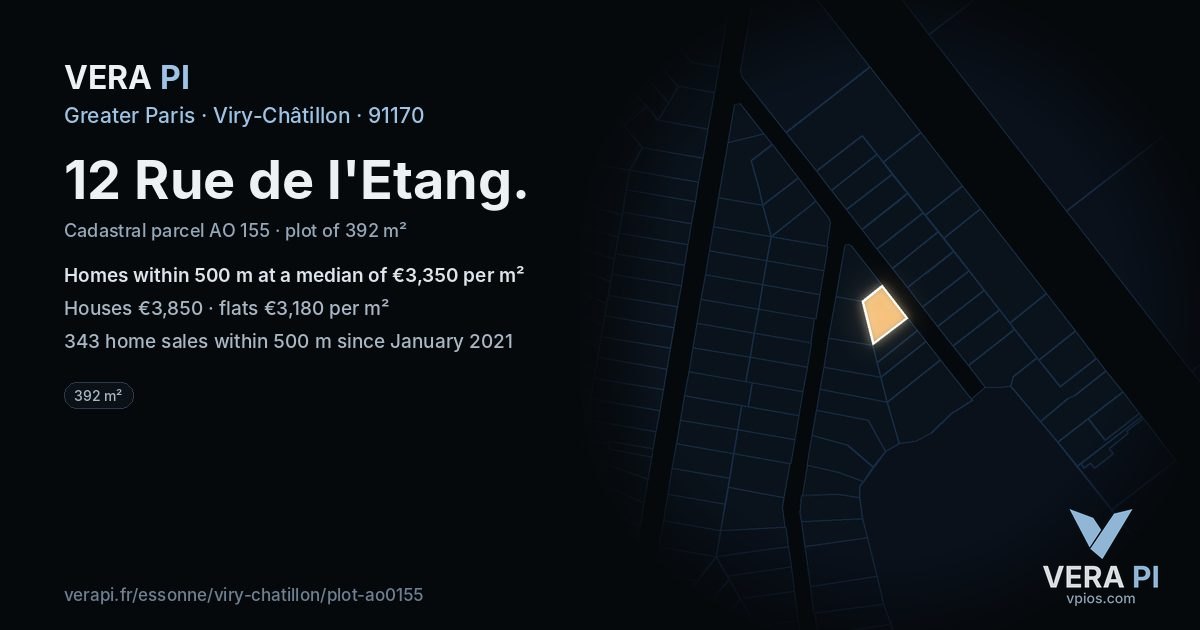 12 Rue de l'Etang, Viry-Châtillon at night – the plot lit, the parcels around coloured by the prices near them