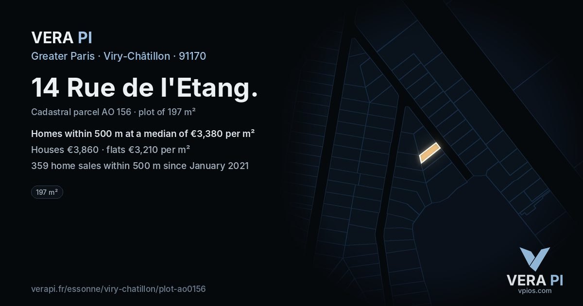 14 Rue de l'Etang, Viry-Châtillon at night – the plot lit, the parcels around coloured by the prices near them