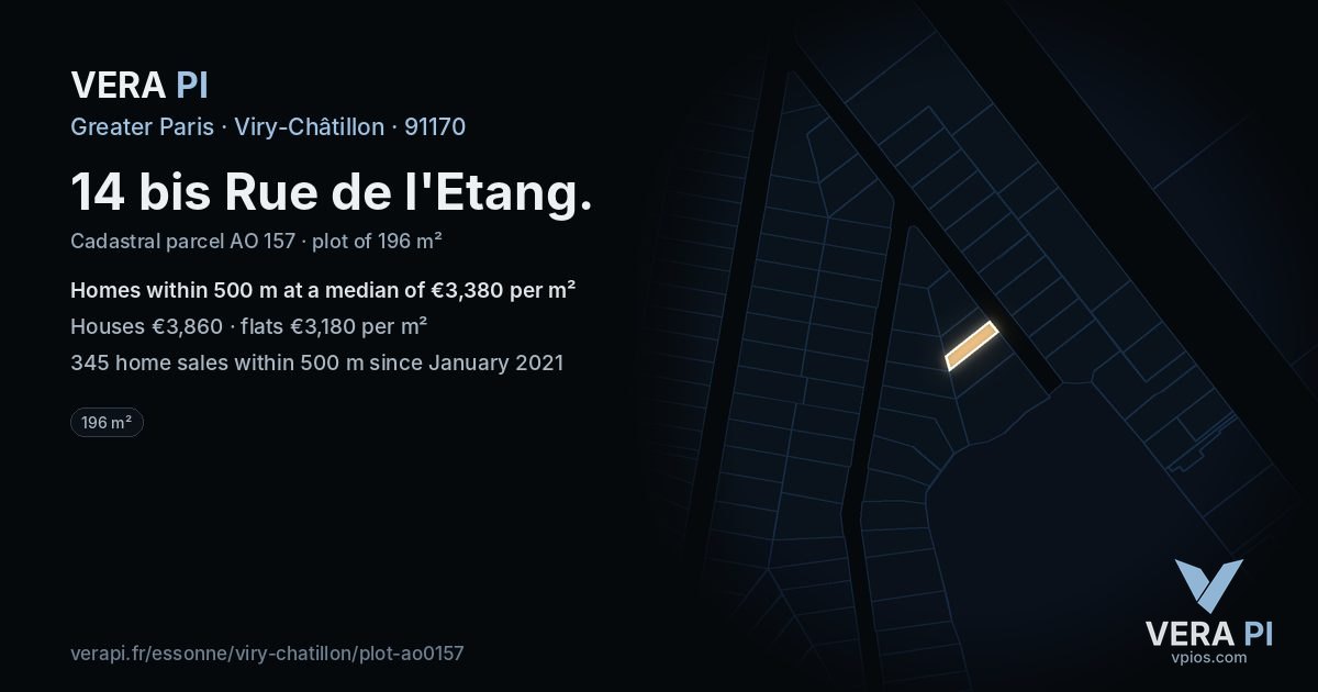14 bis Rue de l'Etang, Viry-Châtillon at night – the plot lit, the parcels around coloured by the prices near them