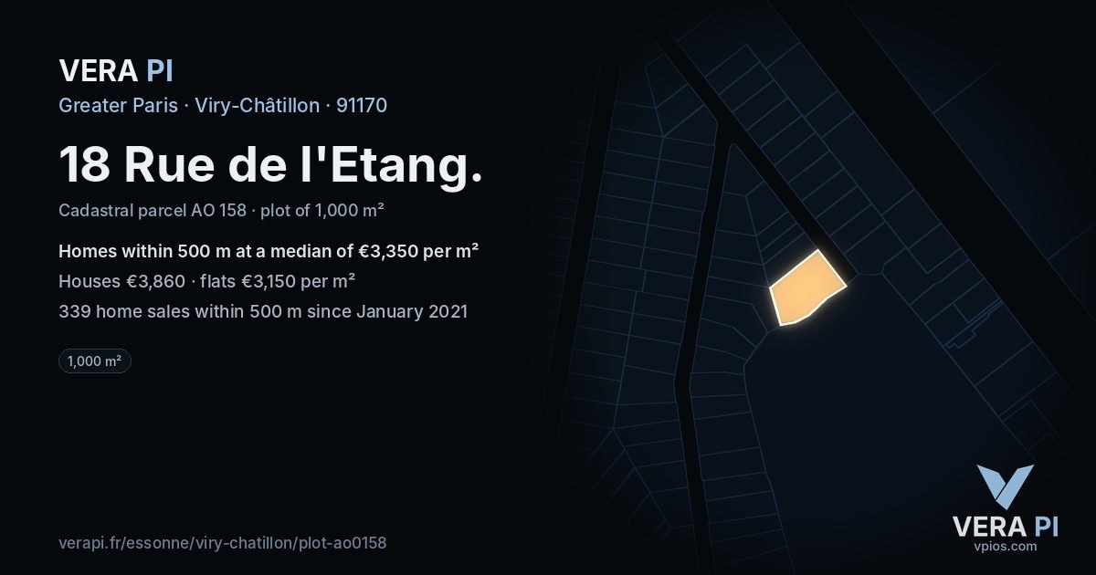 18 Rue de l'Etang, Viry-Châtillon at night – the plot lit, the parcels around coloured by the prices near them