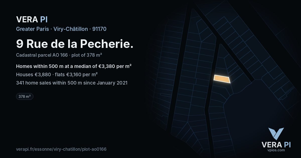9 Rue de la Pecherie, Viry-Châtillon at night – the plot lit, the parcels around coloured by the prices near them