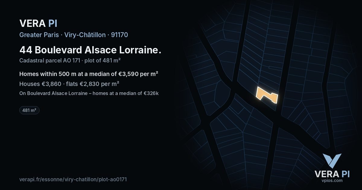 44 Boulevard Alsace Lorraine, Viry-Châtillon at night – the plot lit, the parcels around coloured by the prices near them
