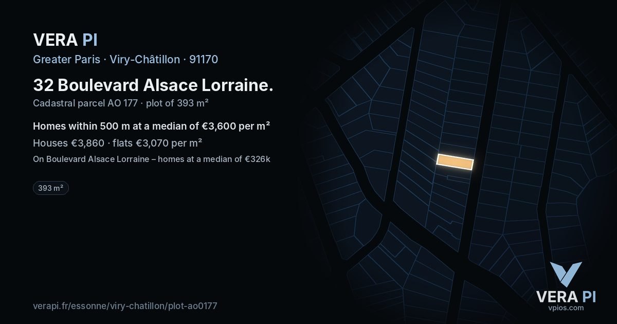 32 Boulevard Alsace Lorraine, Viry-Châtillon at night – the plot lit, the parcels around coloured by the prices near them