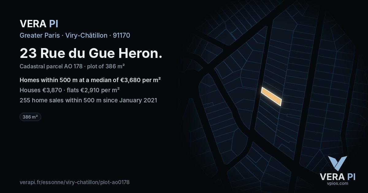 23 Rue du Gue Heron, Viry-Châtillon at night – the plot lit, the parcels around coloured by the prices near them