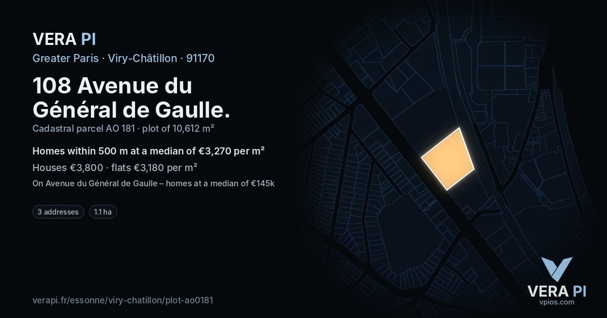 108 Avenue du Général de Gaulle, Viry-Châtillon at night – the plot lit, the parcels around coloured by the prices near them