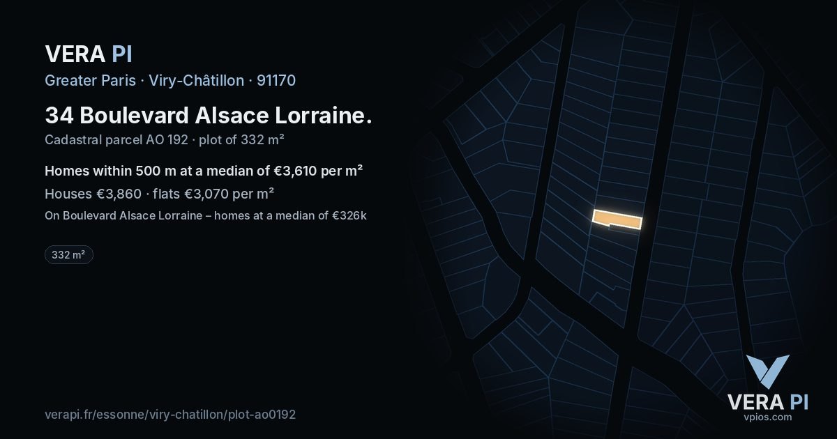 34 Boulevard Alsace Lorraine, Viry-Châtillon at night – the plot lit, the parcels around coloured by the prices near them