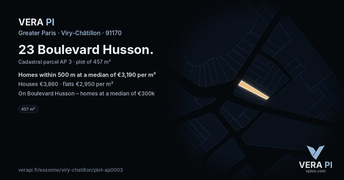 23 Boulevard Husson, Viry-Châtillon at night – the plot lit, the parcels around coloured by the prices near them