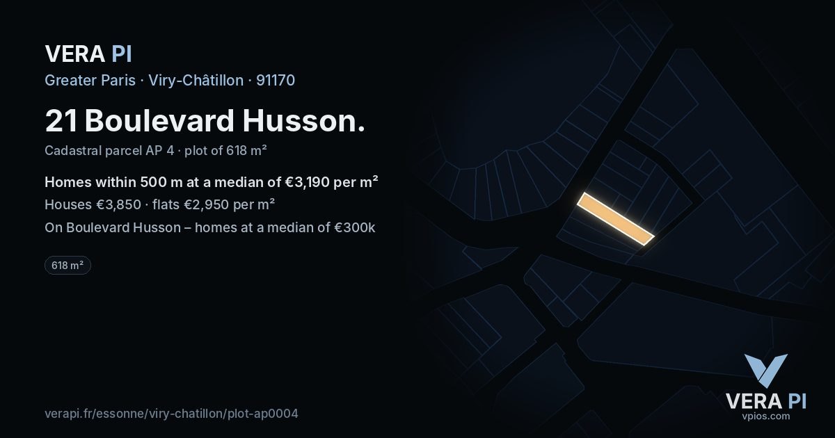 21 Boulevard Husson, Viry-Châtillon at night – the plot lit, the parcels around coloured by the prices near them