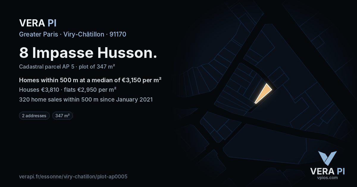 8 Impasse Husson, Viry-Châtillon at night – the plot lit, the parcels around coloured by the prices near them