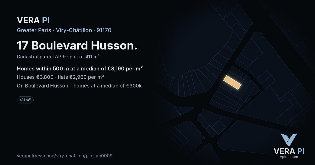 17 Boulevard Husson, Viry-Châtillon at night – the plot lit, the parcels around coloured by the prices near them