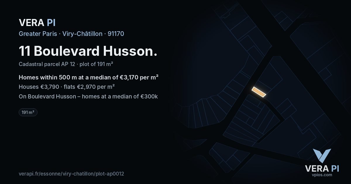 11 Boulevard Husson, Viry-Châtillon at night – the plot lit, the parcels around coloured by the prices near them