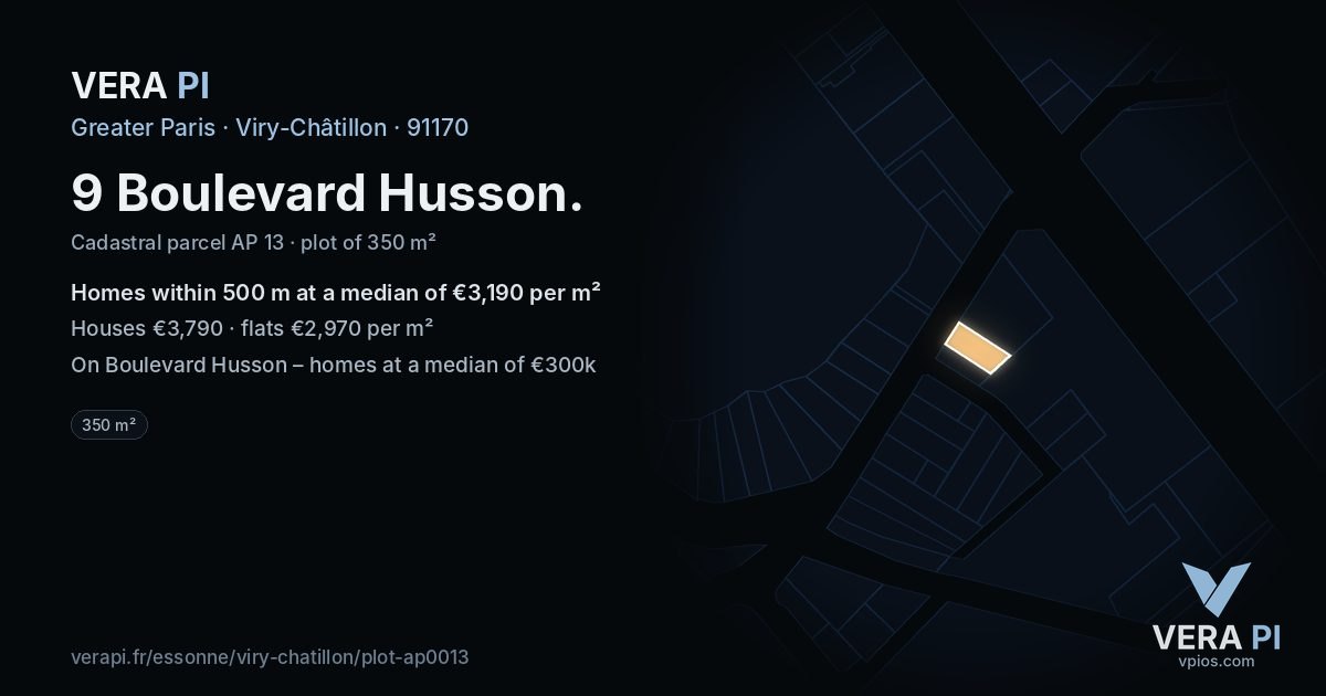 9 Boulevard Husson, Viry-Châtillon at night – the plot lit, the parcels around coloured by the prices near them
