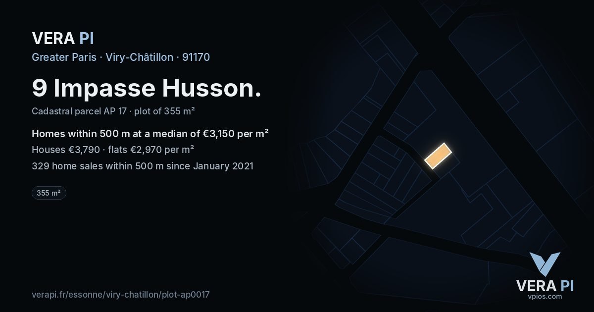 9 Impasse Husson, Viry-Châtillon at night – the plot lit, the parcels around coloured by the prices near them